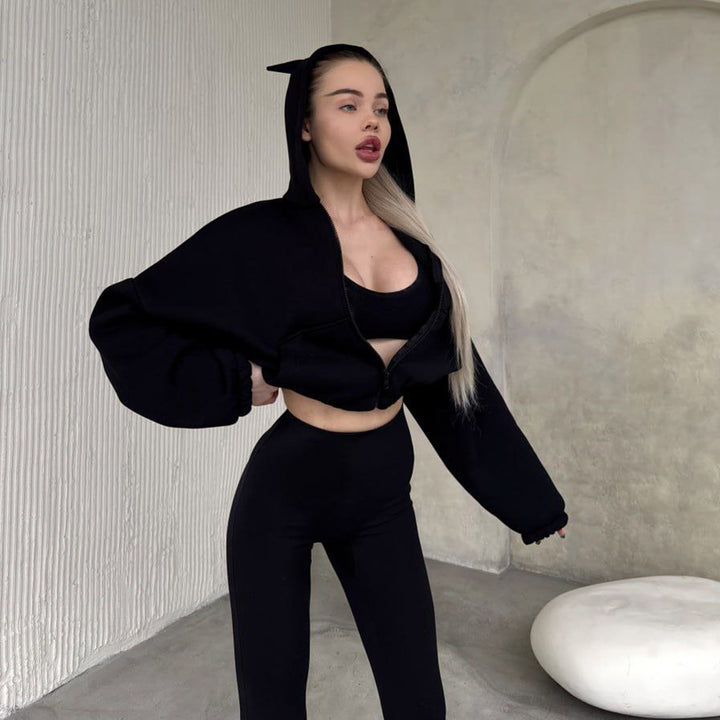 Damen cropped Kapuzenjacke mit einzigartigem Ohren-Design Drune