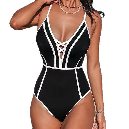 Damen Cut-Out Badeanzug mit modischen Streifen und verstellbaren Trägern Drune