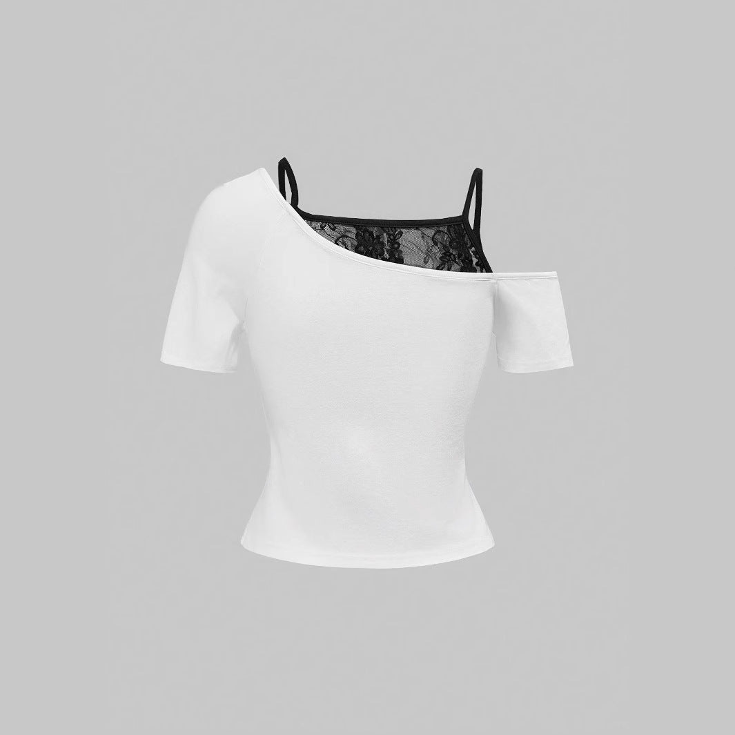Damen Raffiniertes grafisches T-Shirt mit Spitzenunterlayer Drune