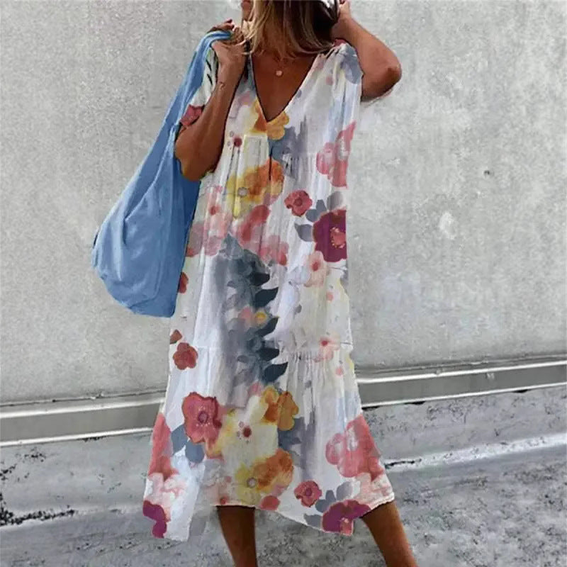 Damen lässiges Sommerkleid mit V-Ausschnitt und voluminösem Rock Drune