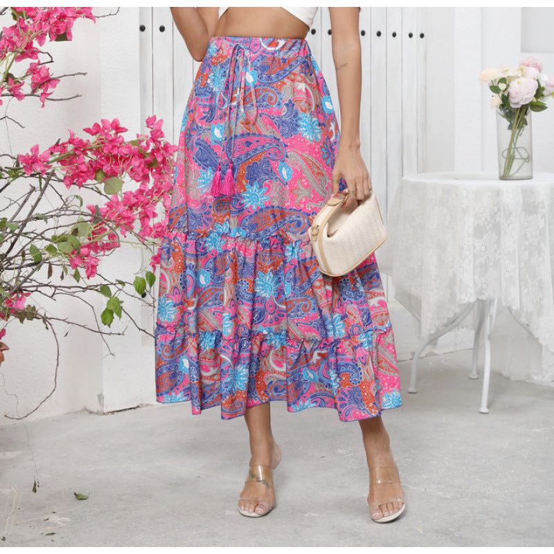 Damen Midi-Rock im verspielten Boho-Stil mit buntem Paisleymuster und voluminösem Saum Drune