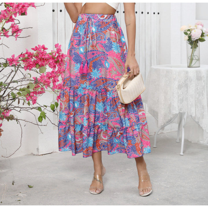 Damen Midi-Rock im verspielten Boho-Stil mit buntem Paisleymuster und voluminösem Saum Drune