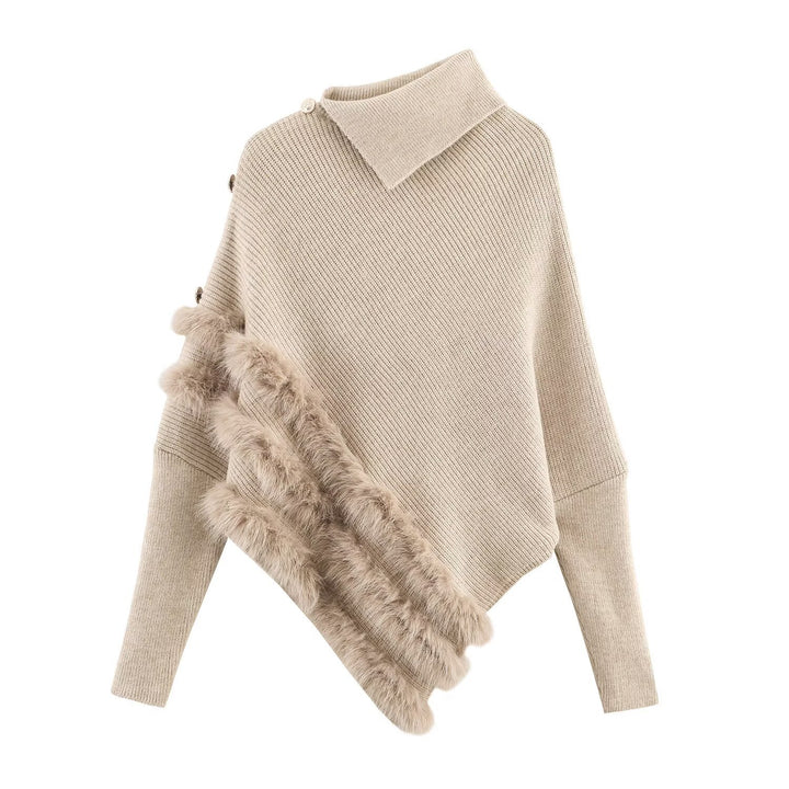 Damen modischer Poncho mit luxuriösem Fellbesatz und innovativem Schnitt Drune