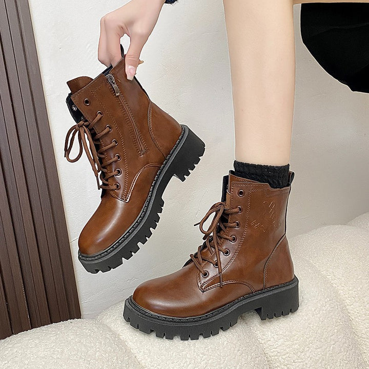 Damen nan knöchelhohe Combat-Boots in Lackoptik mit robuster Profilsohle und seitlichem Reißverschluss Drune
