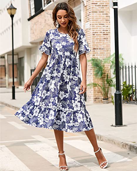 Damen Midikleid mit floralem Design und Volantabschluss Drune