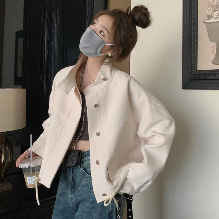 Damen Modische Kurzjacke mit hohem Kragen und Druckknopfverschluss Drune