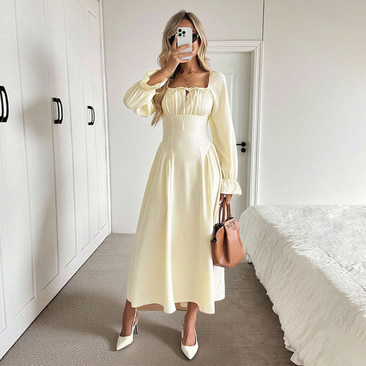 Damen elegantes Maxikleid mit raffiniertem Kordelzug und Puffärmeln Drune