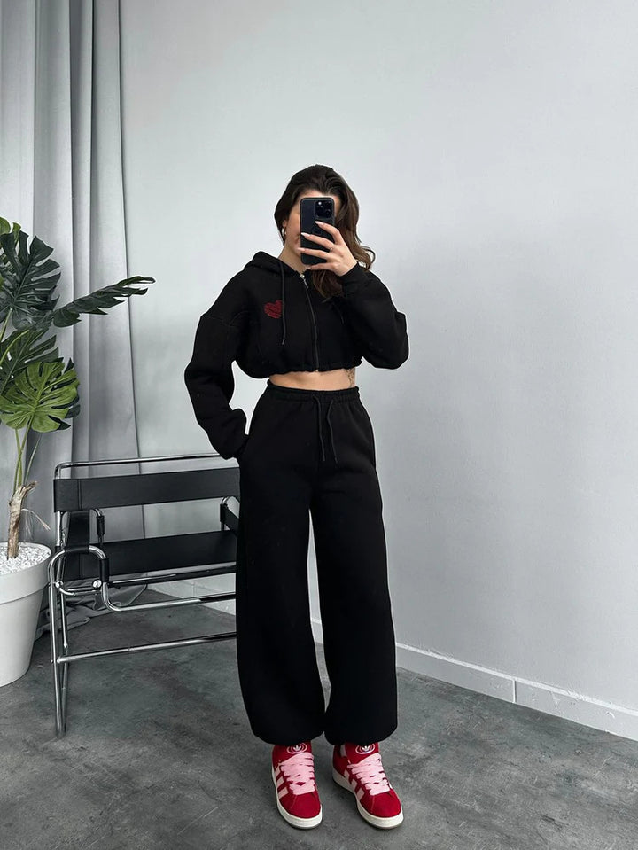 Damen Sportliches Cropped Hoodie-Set mit lockerer Hose Drune