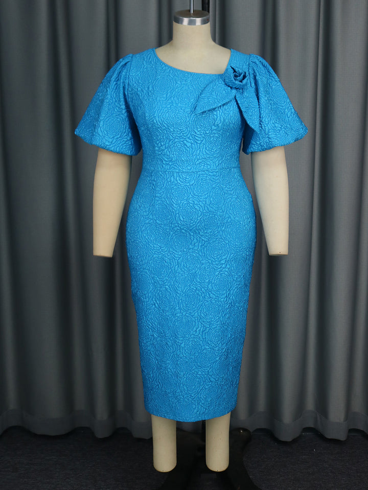 Damen elegantes Etuikleid mit fließenden Puffärmeln und Blumenapplikation Drune