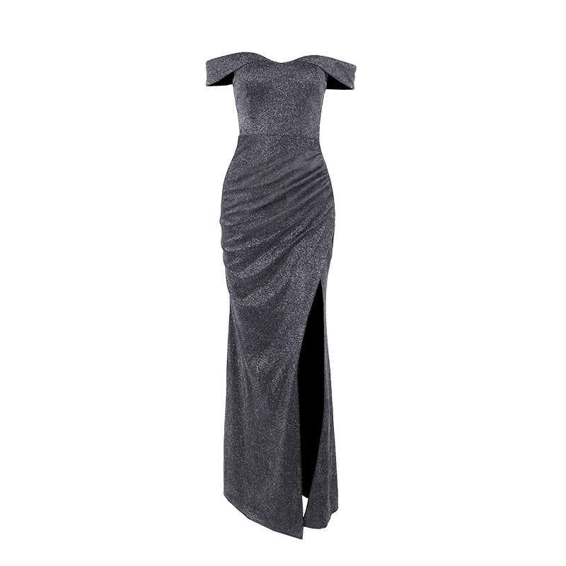 Damen schulterfreies Maxikleid mit elegantem Schlitz und glitzerndem Stoff Drune