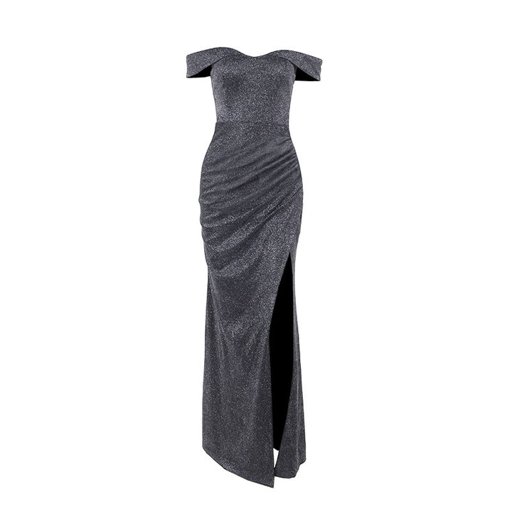 Damen schulterfreies Maxikleid mit elegantem Schlitz und glitzerndem Stoff Drune