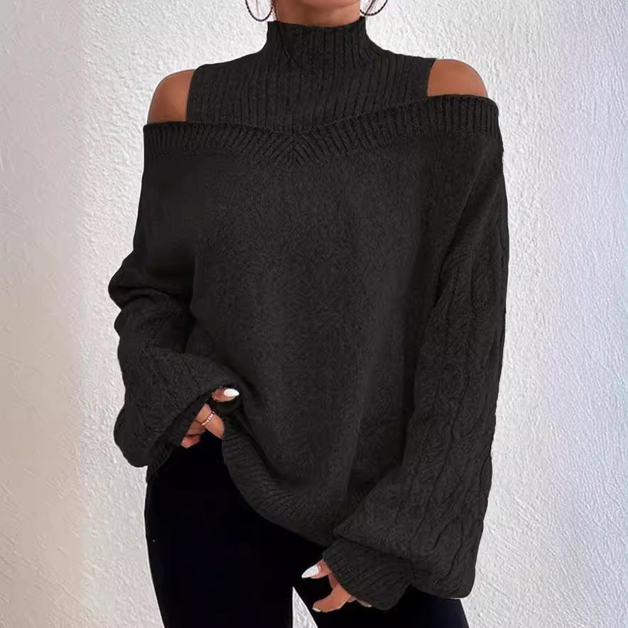 Damen Strickpullover mit lässigem Off-Shoulder Design und hohem Kragen Drune