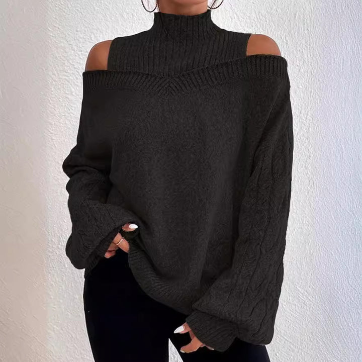 Damen Strickpullover mit lässigem Off-Shoulder Design und hohem Kragen Drune