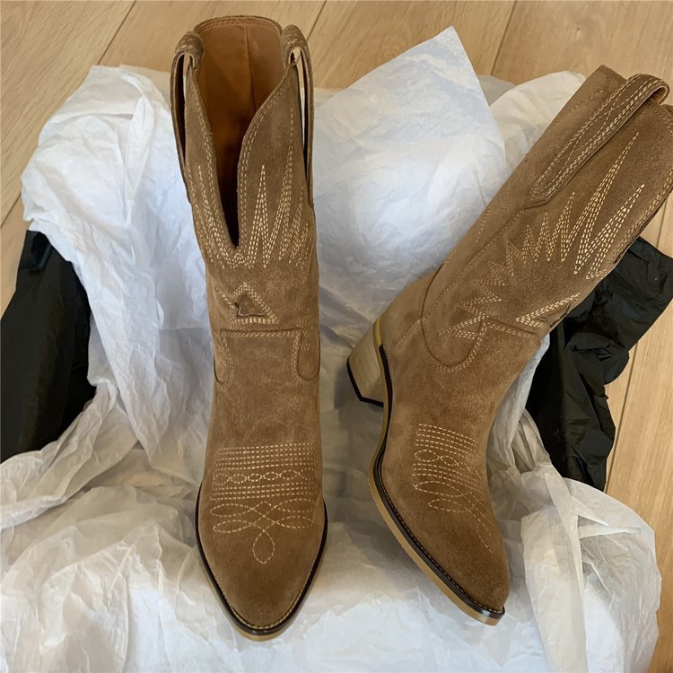 Damen nan Wildleder Westernstiefel mit spitzer Kappe und mittelhohem Blockabsatz Drune