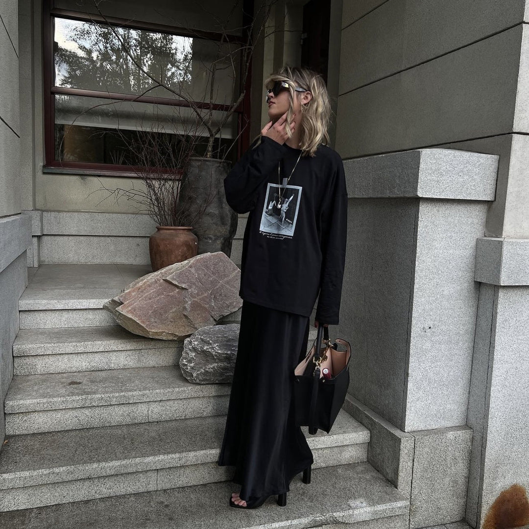 Damen Elegantes Oversized-T-Shirt mit grafischem Print und langen Ärmeln Drune