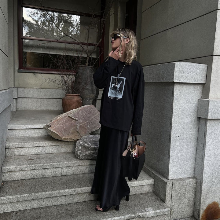 Damen Elegantes Oversized-T-Shirt mit grafischem Print und langen Ärmeln Drune
