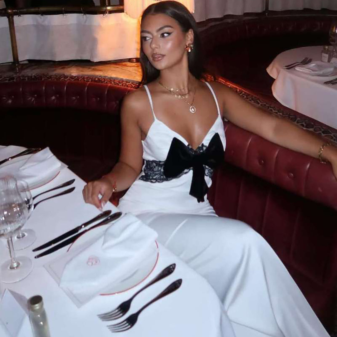 Damen Elegantes Maxikleid mit verführerischem Satineinsatz und charmantem Schleifenakzent Drune
