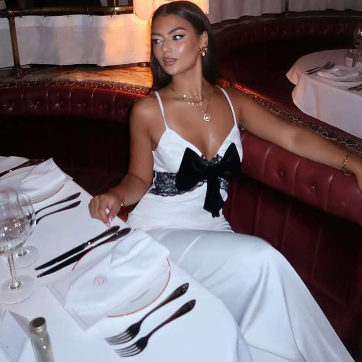 Damen Elegantes Maxikleid mit verführerischem Satineinsatz und charmantem Schleifenakzent Drune