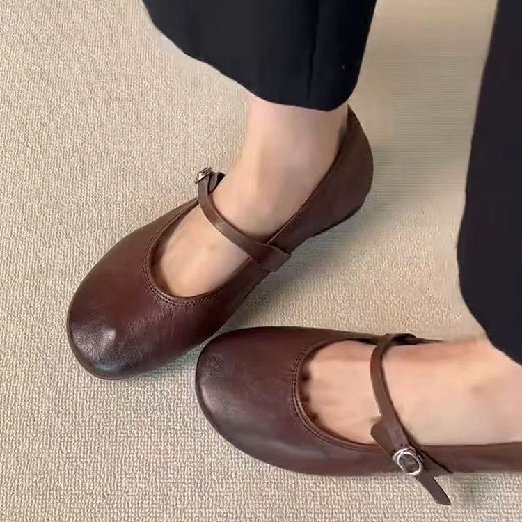 Damen Klassische Leder Mary Jane Ballerinas mit verstellbarem Riemen Drune