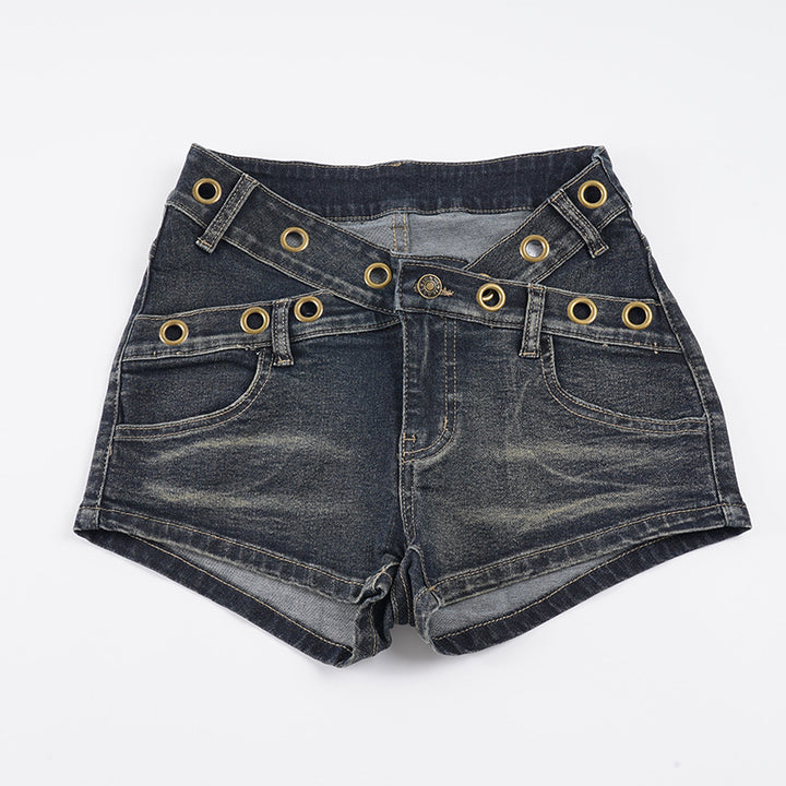 Damen Flared Jeans mit dekorativen Knopfdetails und modischemused Finish Drune