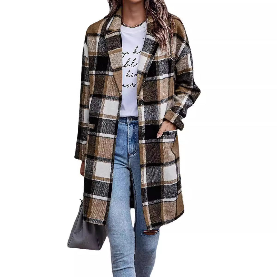 Damen Karierter Oversized-Mantel mit stilvollen Taschen und Umschlagkragen Drune