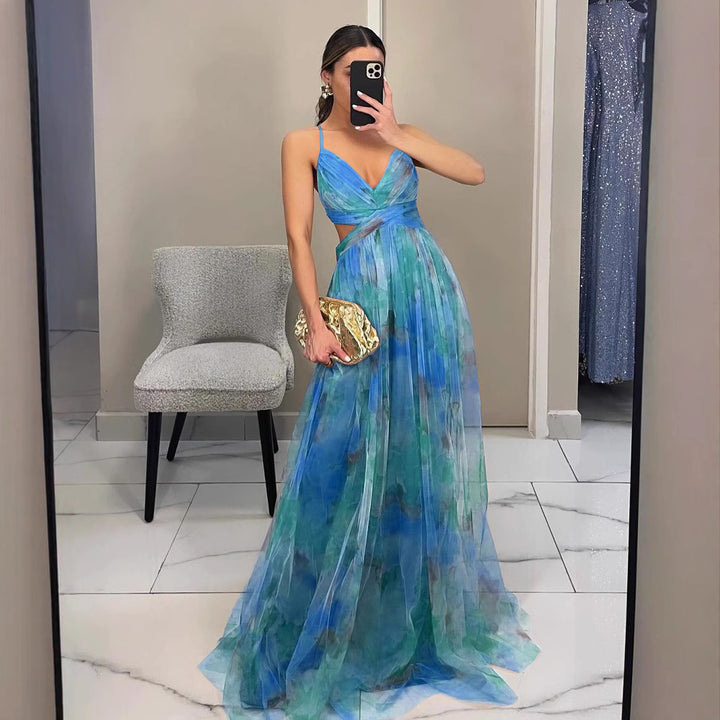 Drune | Herrliches Langes Kleid aus Bedrucktem Tüll mit Floralem Bootsausschnitt, Schlitzseite, Ärmellos, Elegant, Vintage, Abendkleid für Frauen