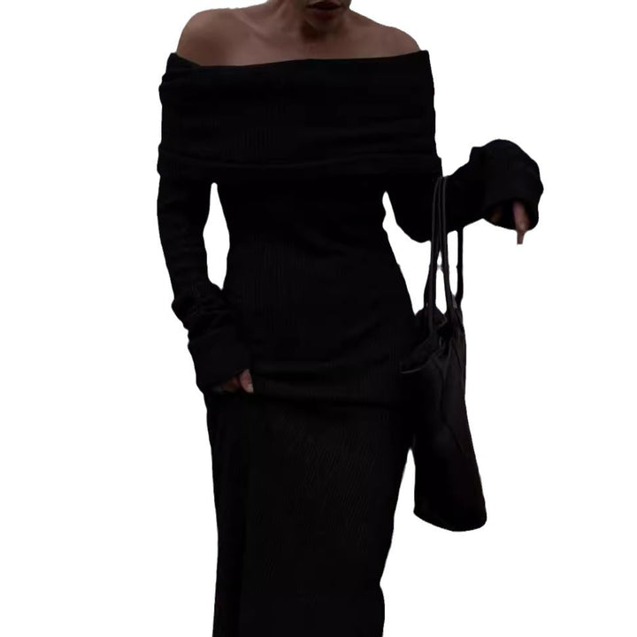 Damen Elegantes Strickmaxikleid mit Off-Shoulder-Ausschnitt und figurbetontem Schnitt Drune