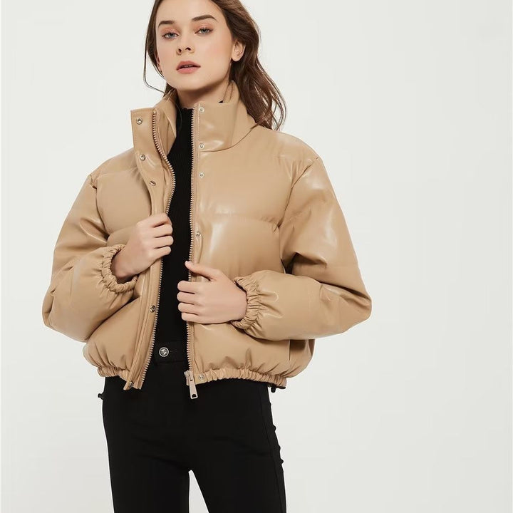 Damen gesteppte Kunstlederjacke mit hochschließendem Kragen und elastischen Bündchen Drune