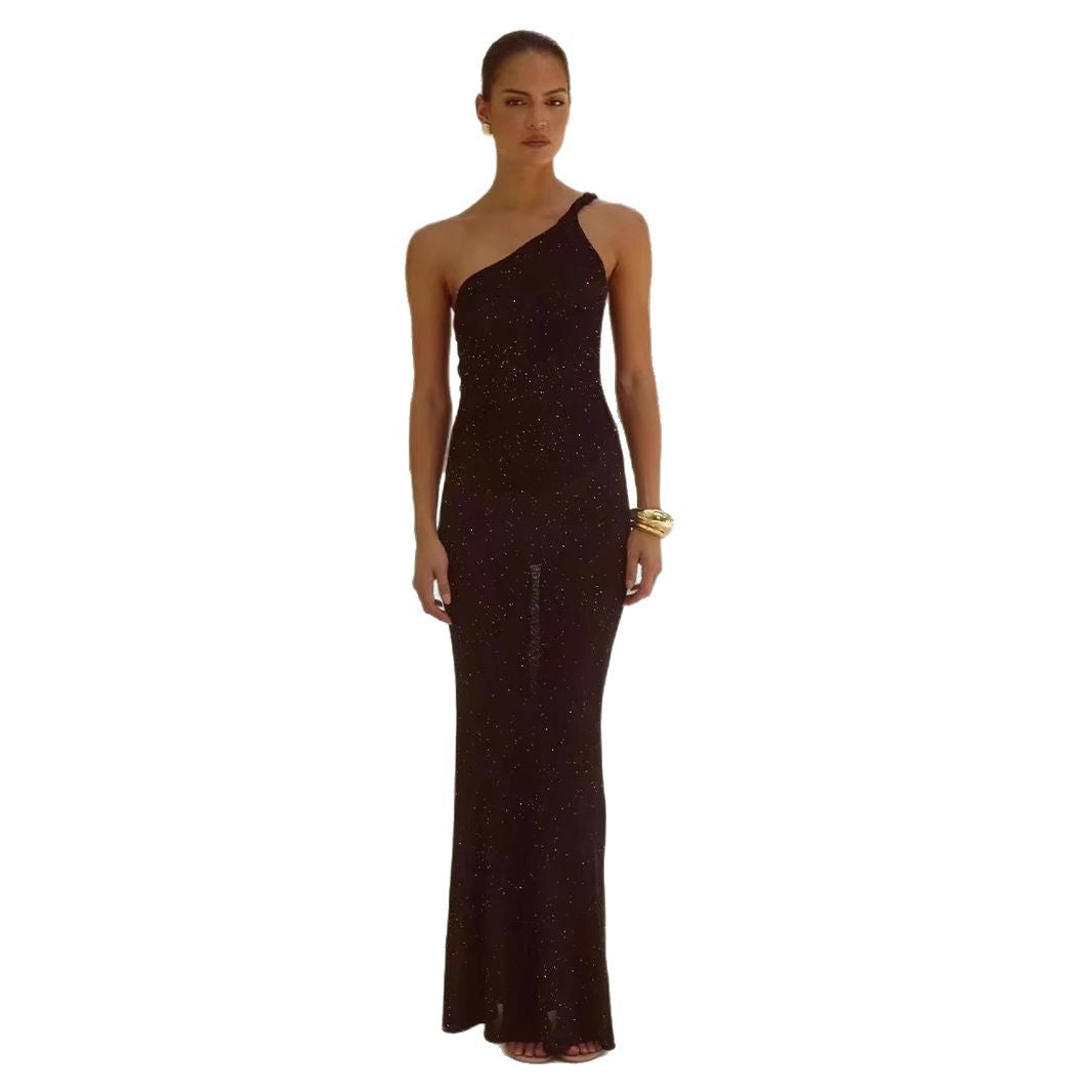 Damen Elegantes Maxikleid mit asymmetrischem Träger und schimmernden Akzenten Drune