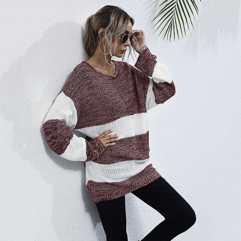 Damen lockerer Strickpullover mit breiten Streifen Drune