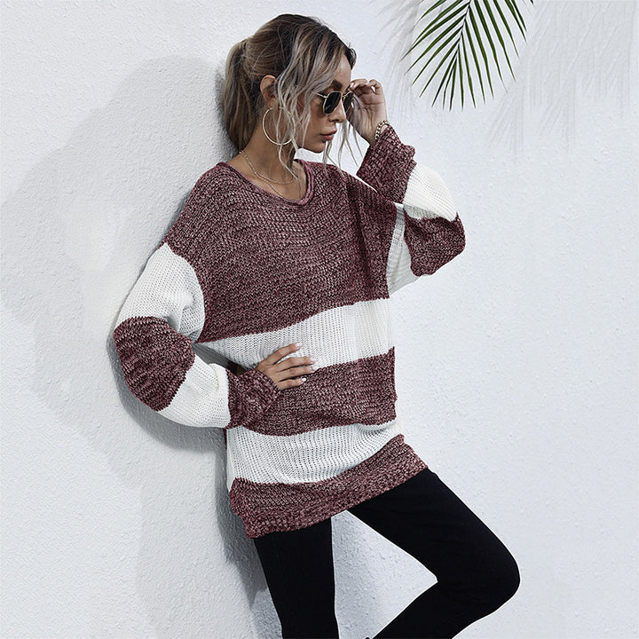 Damen lockerer Strickpullover mit breiten Streifen Drune