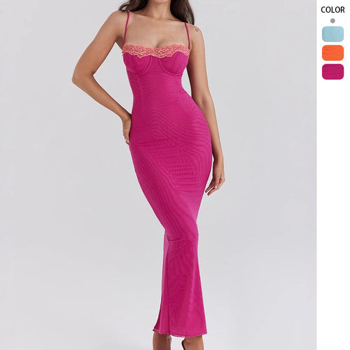 Damen figurbetontes Maxikleid mit transparentem Saum und romantischem Spitzenakzent Drune