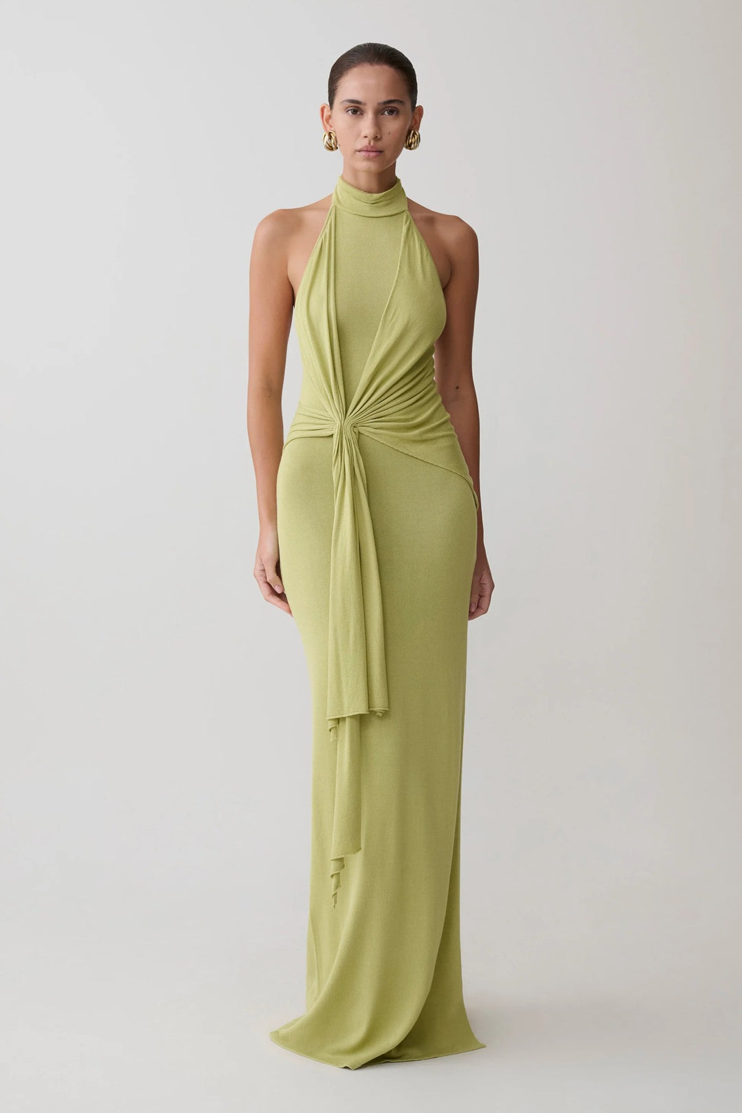 Damen Elegantes Maxikleid mit hohem Kragen und raffinierten Drapierungen Drune