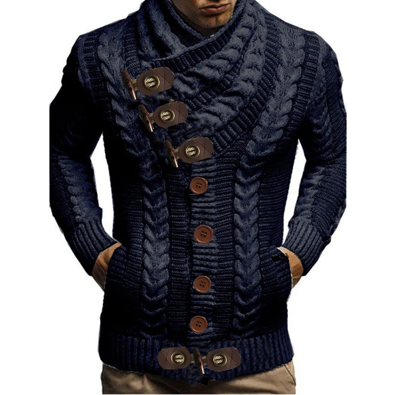Herren Grobstrickjacke mit kreativem Schalkragen und Knopfdetails Drune