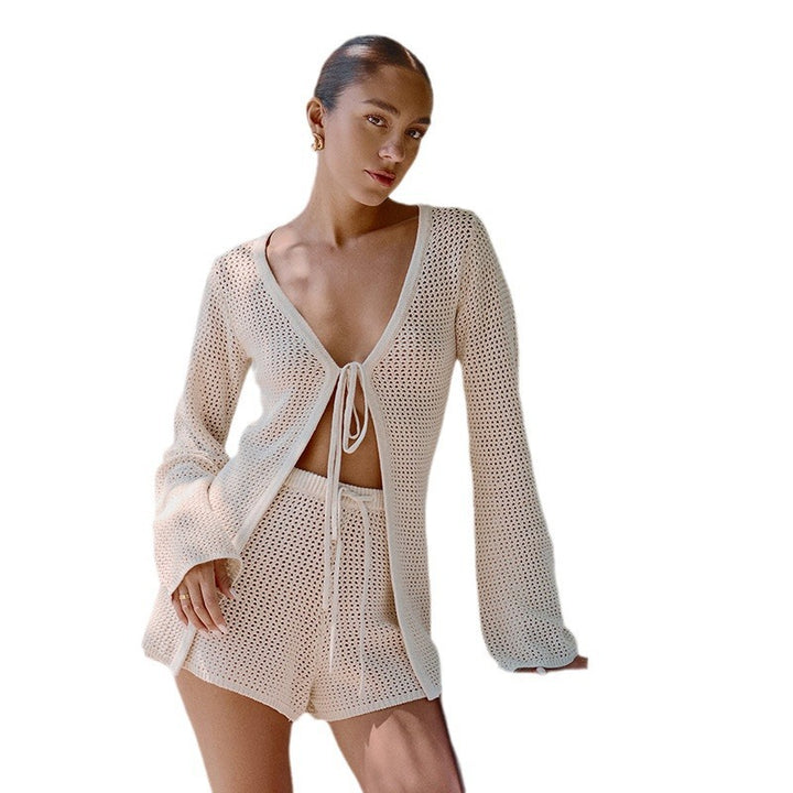 Damen luftiges Häkel-Set mit Bindebändern Drune
