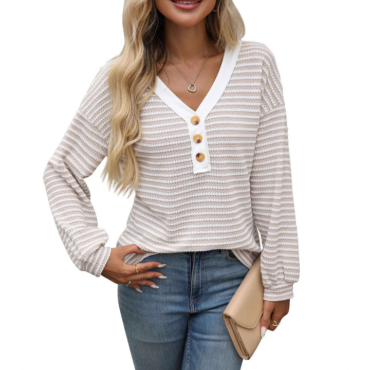 Damen lässiges V-Ausschnitt Langarmshirt mit Knopfdetails Drune