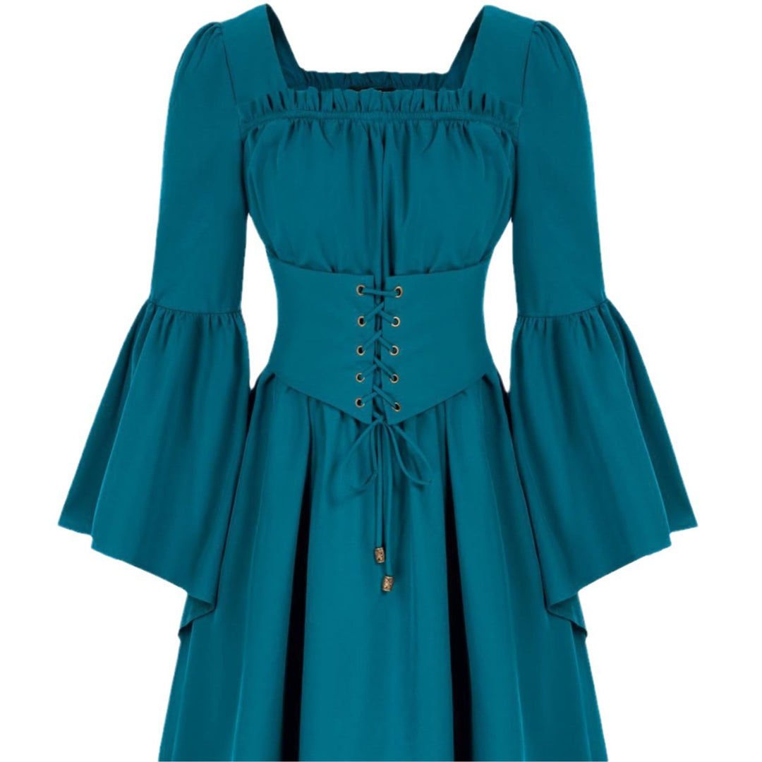Damen Mittelalterliches Kleid mit fließenden Ärmeln und Schnürdetail Drune