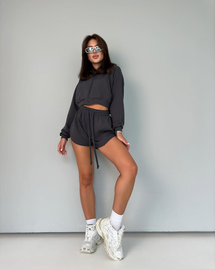 Damen lässiges Hoodie-Set mit Reißverschluss und elastischem Bund Drune