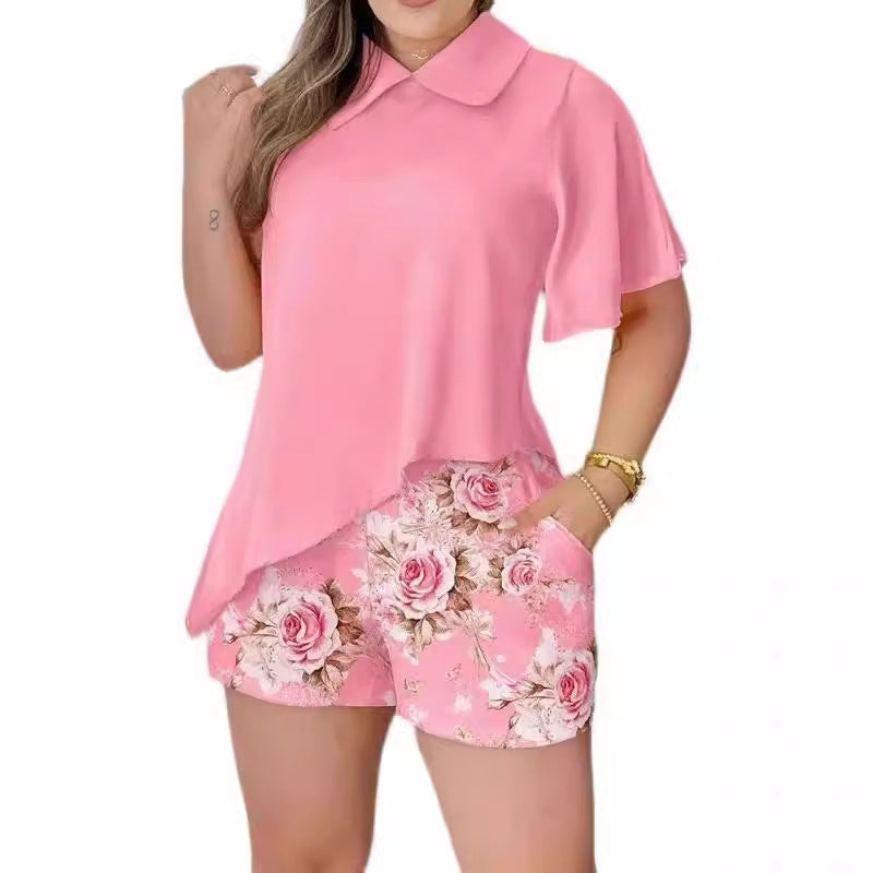 Damen Bluse mit schwingendem Schnitt und Blumenmuster Shorts Drune