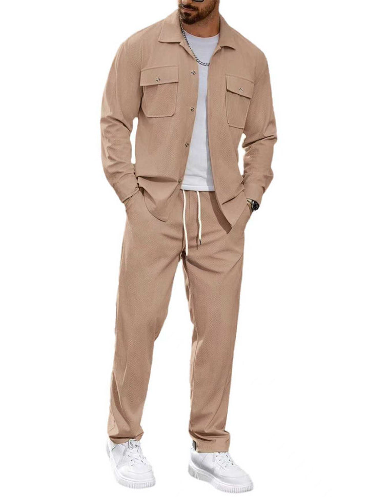 Herren nan lässiger Zweiteiler Hemdjacke mit aufgesetzten Brusttaschen und Kordelzughose Drune