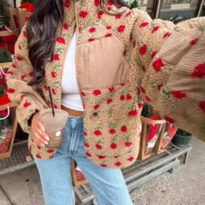 Damen nan Teddy-Fleece Jacke mit floralem Muster, Feincord-Einsätzen, Stehkragen und Reißverschluss Drune