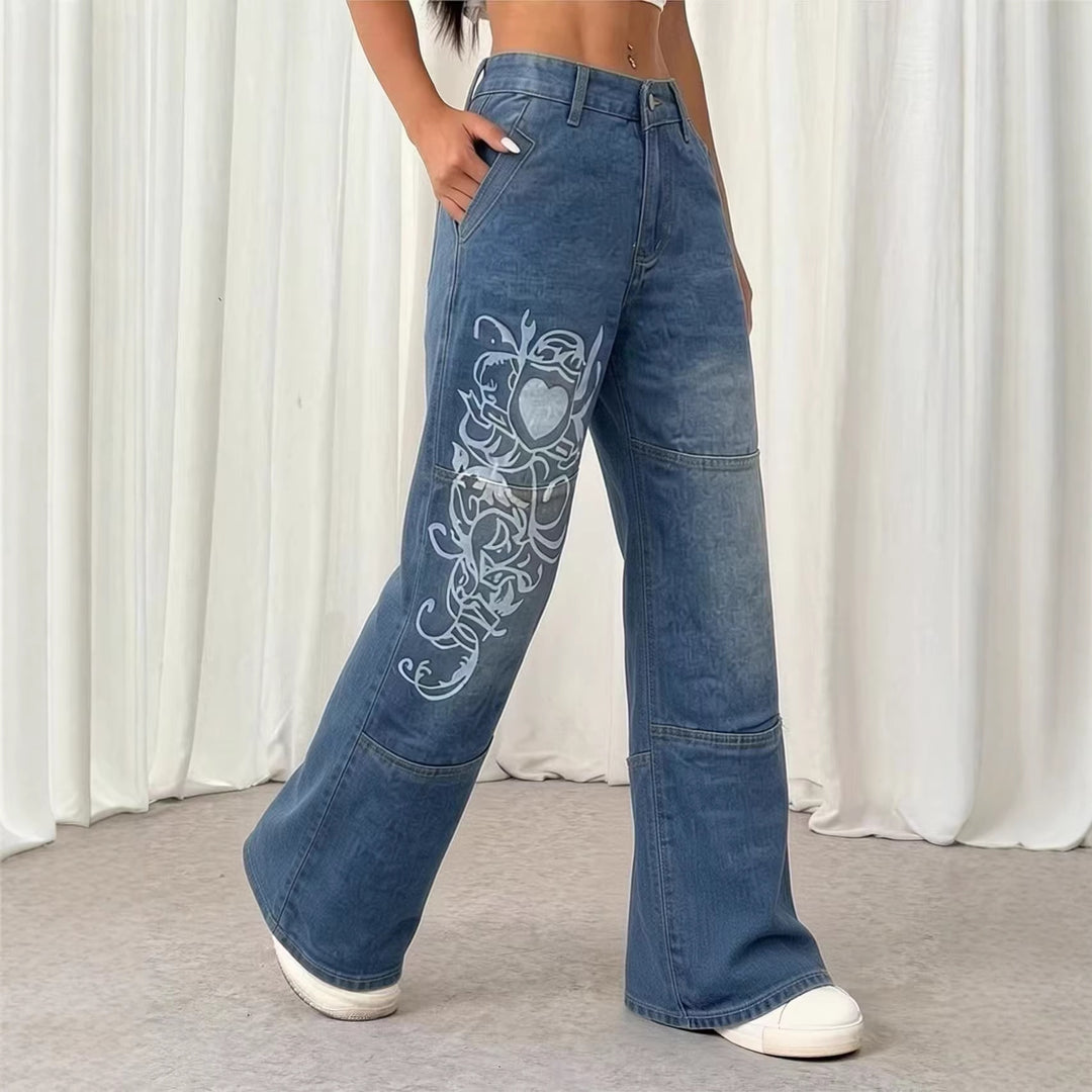 Damen weite Jeans mit kunstvollem Aufdruck Drune