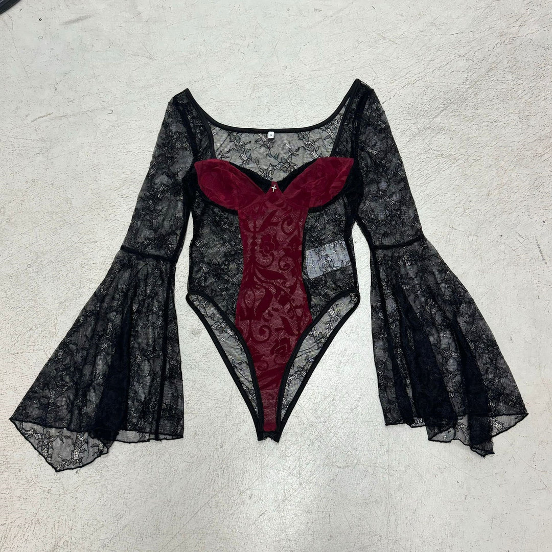 Damen Spitzen-Bodysuit mit voluminösen Ärmeln und eleganten Verzierungen Drune