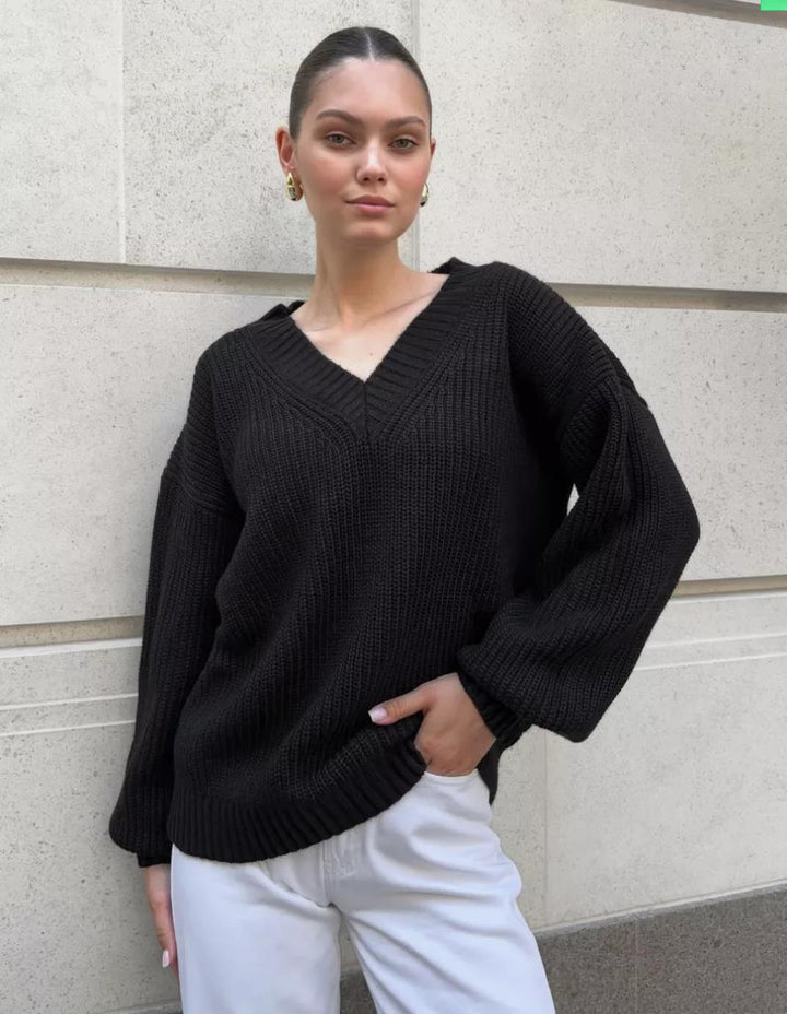 Damen V-Ausschnitt Strickpullover mit voluminösen Ärmeln und strukturierter Oberfläche Drune