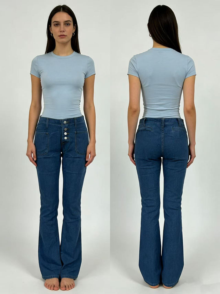 Damen Bootcut-Jeans mit hohem Bund und knöpfbarem Verschluss Drune