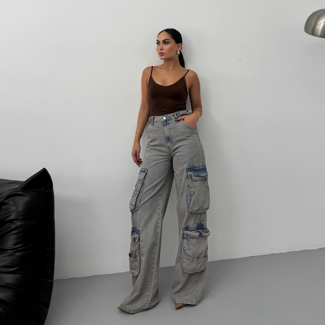Damen Cargo-Jeans mit hohem Bund und praktischen Taschen Drune