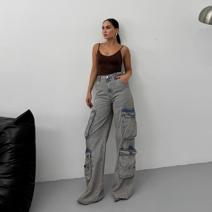 Damen Cargo-Jeans mit hohem Bund und praktischen Taschen Drune