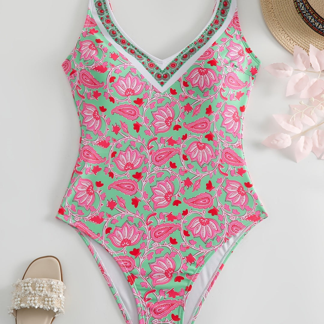 Damen Einteiliger Badeanzug mit floralem Design und modischen Trägern Drune