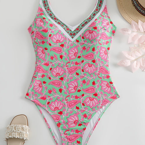 Damen Einteiliger Badeanzug mit floralem Design und modischen Trägern Drune