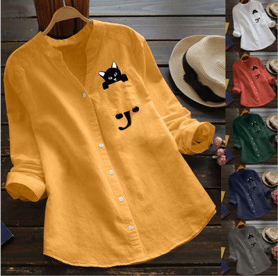 Damen trendige Bluse mit lustigem Katzenmotiv Drune